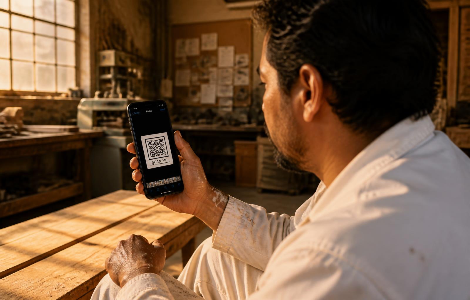 Un trabajador abre el QR guardado en las fotos de su móvil para comunicar lo que necesita