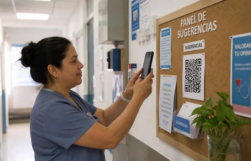 Auxiliar de clínica escaneando el QR del panel de sugerencias