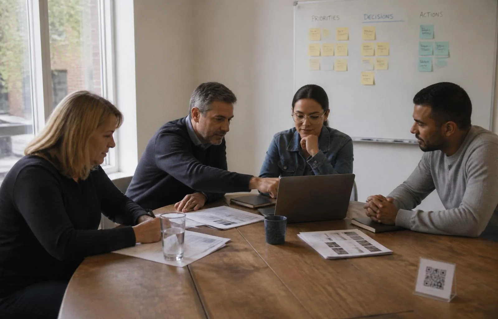 Equipo directivo en una sala de reuniones revisando prioridades y decisiones a partir de información real
