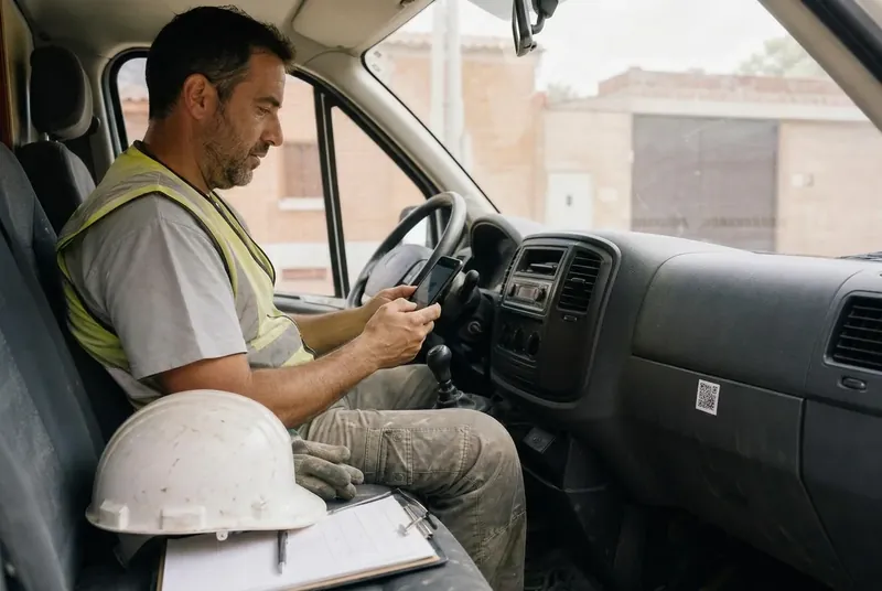Albañil en la furgoneta de la empresa leyendo el QR del salpicadero