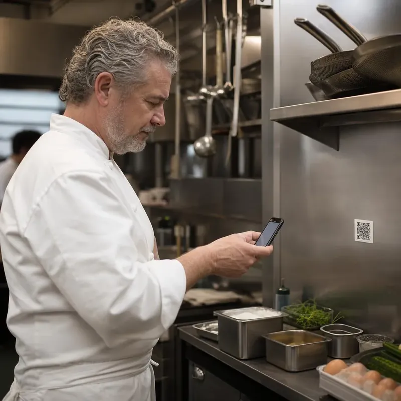 Cocinero escaneando el QR de la cocina antes de empezar el servicio